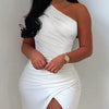 Summer Elegant Solid Dress High Split Thigh Ruched Maxi Floor Dress White Sexy Corset Asymmetric Party Robes Female