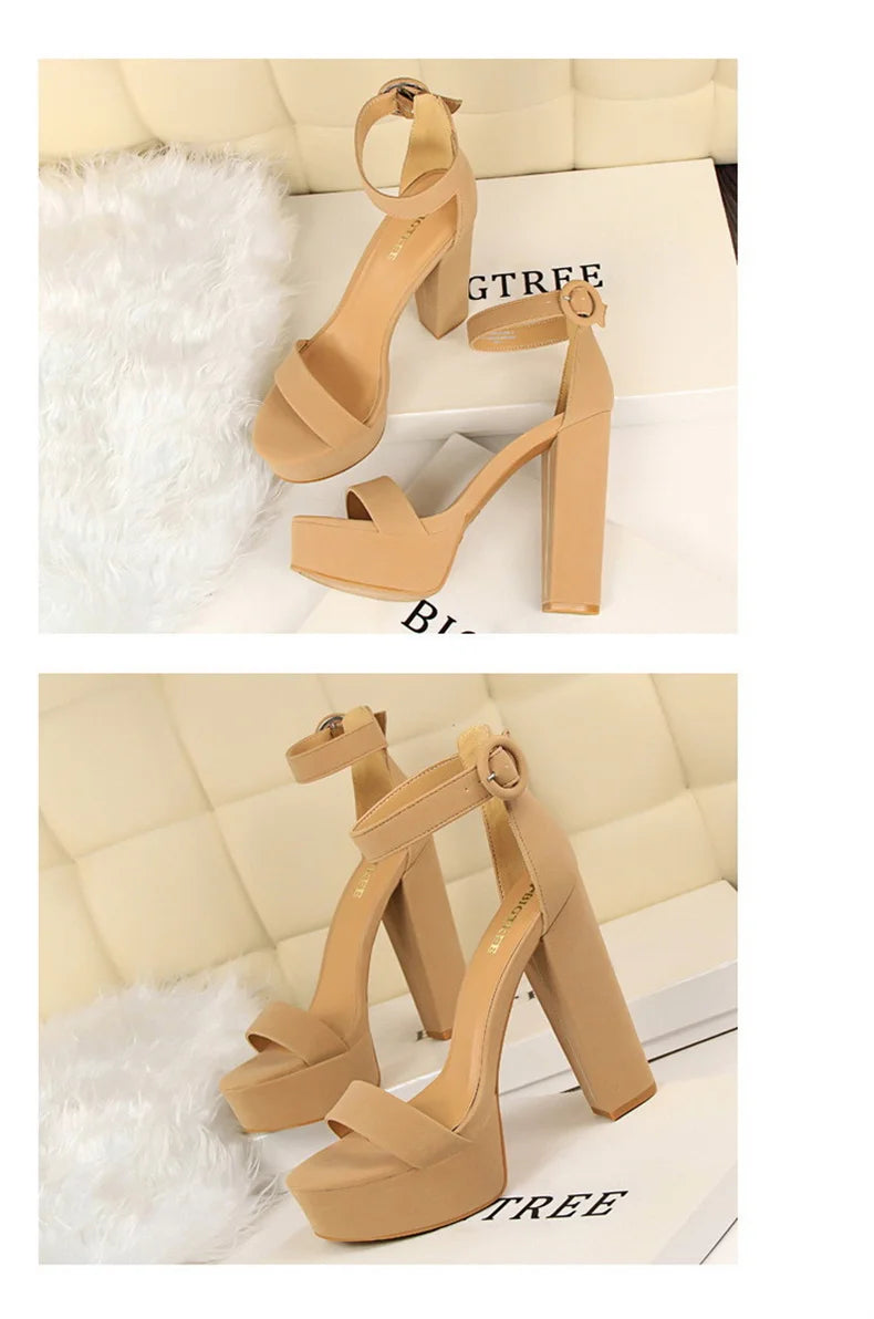 Fashion Women Pumps Sandals Summer Platform Belt Buckle Strap PU Square Heel Outdoor Korean Style Black Open Toe Grace 1550-1
