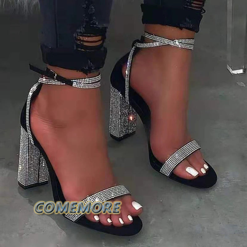 Shiny Gold Rhinestones Chunky Heels Sandals Women Sexy Cross Ankle Strap Silver High Heels Summer Party Dress Shoes Ladies Pumps