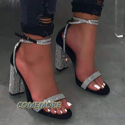 Shiny Gold Rhinestones Chunky Heels Sandals Women Sexy Cross Ankle Strap Silver High Heels Summer Party Dress Shoes Ladies Pumps