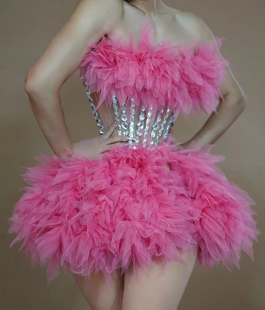 Ensemble haut et jupe sexy en dentelle, robe rose tendance, fête d'anniversaire, club dragqueen 303, performance  Y001