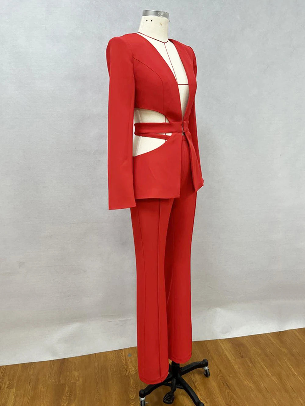 Modphy Red Sexy V-neck Long Sleeve Jacket+High Waist Flare Pants Blazer Set Women'S 2025 New Hollow Out Designer Two-Piece Set