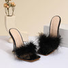 Women Rabbit White Fur Clear PVC Slippers Square Toe Stilettos Slides Transparent Crystal High Heels Sandals Mules Glass Heels