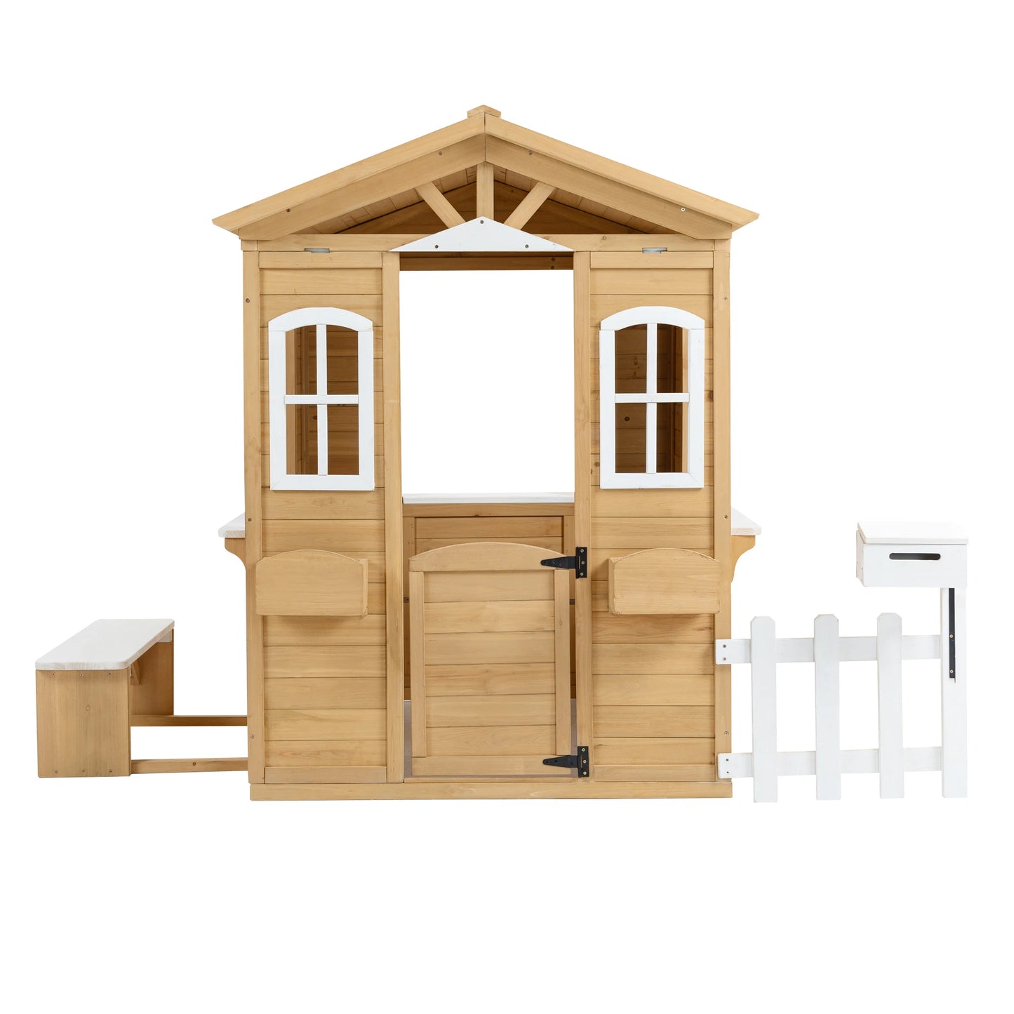 LZBEITEM Wooden Playhouse for Kids Outdoor with Working Door, Windows, Mailbox, Bench, Flowers Pot Holder, 39" x 38" x 55.5"