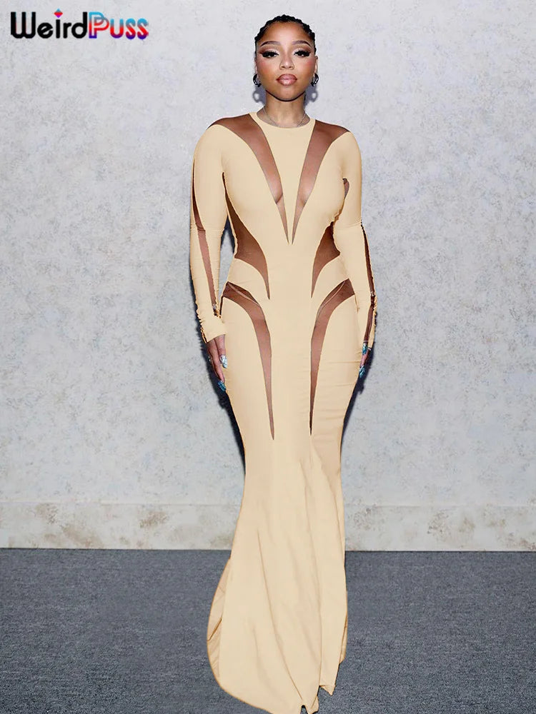 Weird Puss Mesh Patchwork Women Dress 2023 New Autumn Elegant Long Sleeve O-Neck Maxi Bodycon Skinny Stretch Clubwear Vestidos