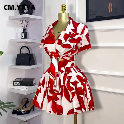 CM.YAYA Leaf Printed Women's Set Short Sleeve Bowknot Hem Blouse Shirt and Pleated Mini Skirts Suit 2023 Two 2 Piece Sets Outfit