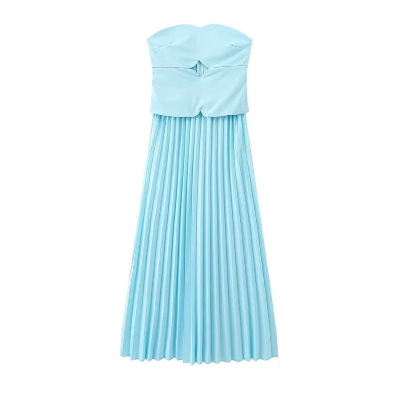 Women's 2024 Autumn New Fashion Temperament Hollow Design Strapless Stitching Crinkled Dress