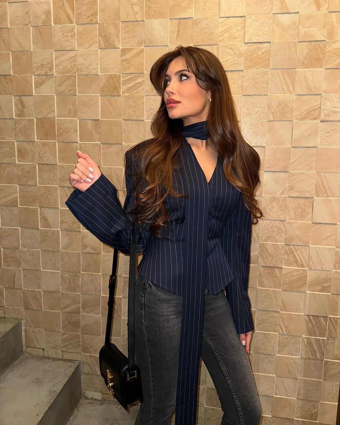 Tossy Elegant Female Striped Suit Coat For Women Scarf Lace-Up Patchwork V-Neck Long Sleeve Luxury Outwear Female Jackets Coat