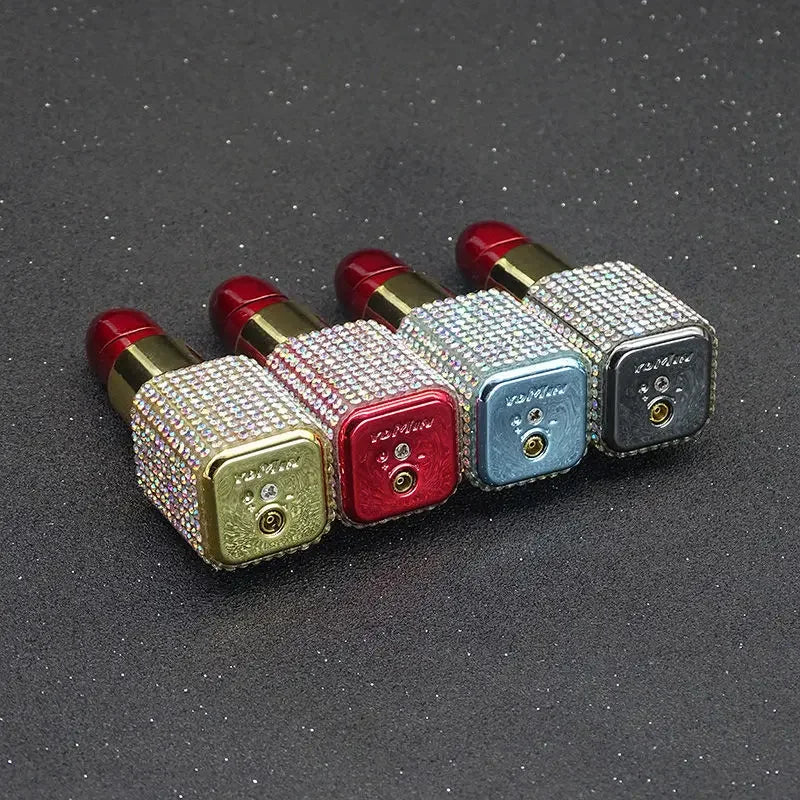 Luxury Diamond Lipstick Inflatable Lighter Mini Butane Pink Water Diamond Portable Lighter High End Women's Smoking Gift