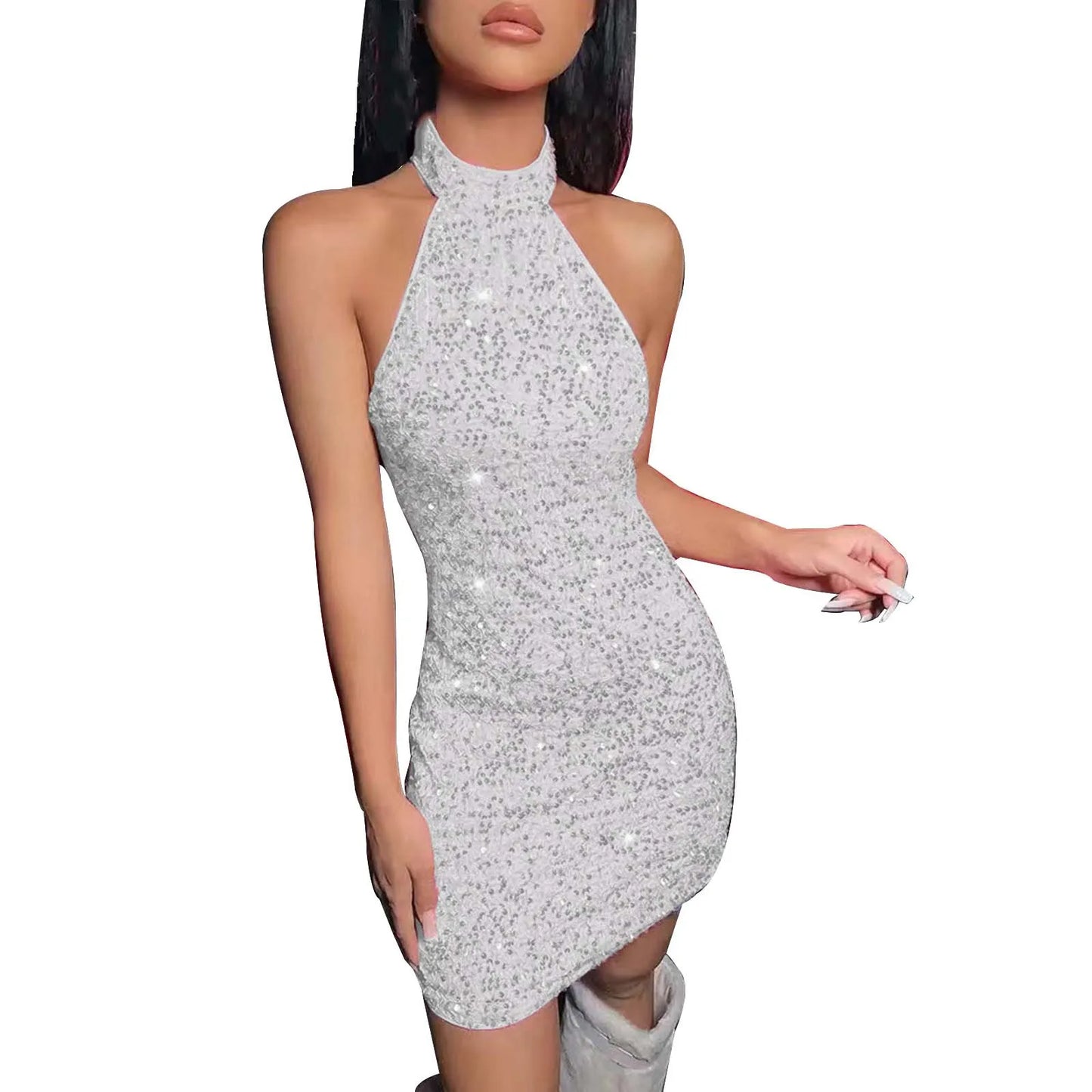 Women Formal Dresses Evening Ladies Solid Color Glitter V Neck Backless Sleeveless Ruched Sequin Bodycon Evening Gown Petite