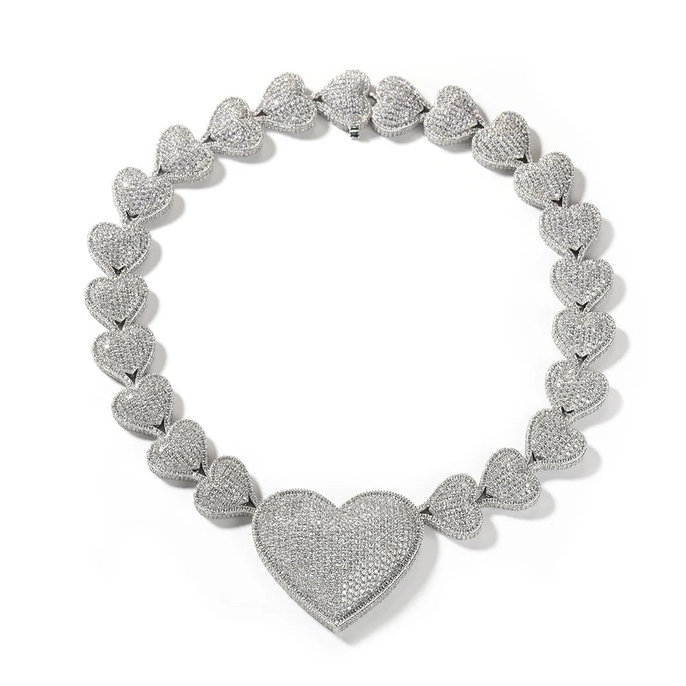 THE BLING KING Iced Out Big Heart Chain Collar Y2K 17mm Choker For Women Girl Micro Paved 5A Cubic Zircon Lovely Wedding Jewelry
