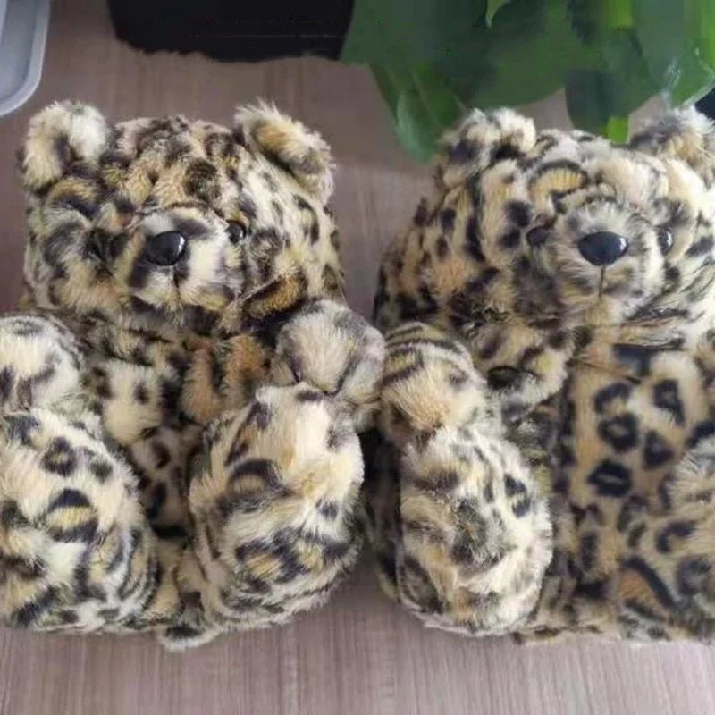 Cute Teddy Bear Plush Winter Slippers Wrapped in Heels Fun Indoor Floor Shoes Women's Gift Warm and Soft Cartoon Plush Animal Sl