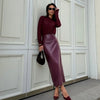 Trendix Women Elegant Burgundy Skirt High Waist Slim Fashion Slit Long Skirts Female Party Slim Club Sexy Vintage PU Skirts 2024