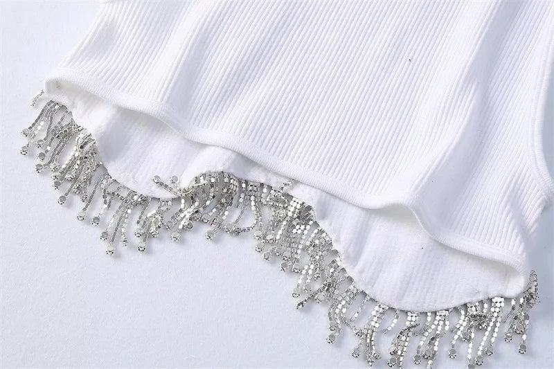 High Street Sexy Hem Tassel Diamond Beading Knitting T Shirt Chic Short Camis Tank Lady Slim Crop Vest Tops