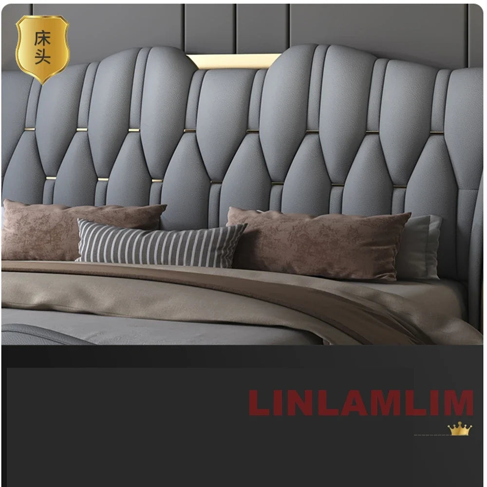 MINGDIBAO Luxury Modern Upholstered Bed Frame with Gold Accents, Genuine Leather Designer Bed, Queen/King Size Bedroom Furniture