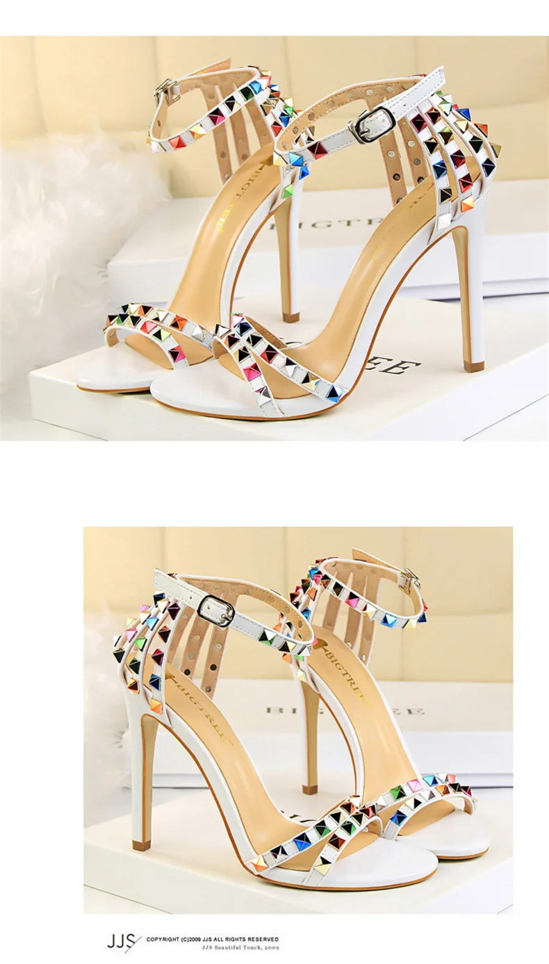 Summer Women Roman High Heels Rivets Studded Sandals Stiletto Gladiator Pumps Open Toe Luxury Shoes Hollow One-word Buckle 267-2