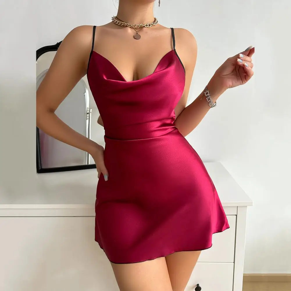 Bcackless Lace Butterfly Women Nightdress Spaghetti Strap Satin Detail Nightie Sexy V Neck Nightgown Lady Sleepwear Night Dress