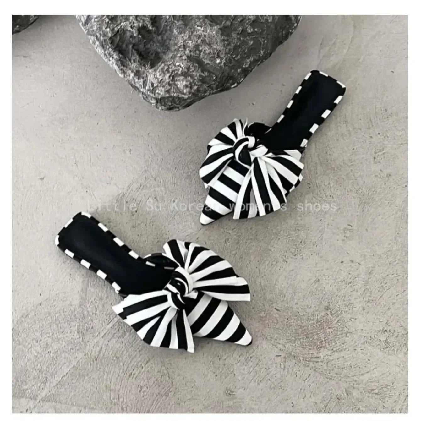 Oversize Bowtie Mule Shoes Women Fashion Pointed Toe Stripe Wave Slip-on Sandals Ladies Luxury Satin Silk Outdoor Flat Slippers