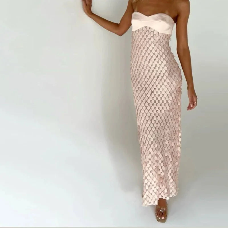 Sexy Stain Long Dress Women Patchwork Solid Tube Top Sleeveless Party Dresses 2025 Summer Lady Slim Vacation Backless Robes
