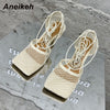 Aneikeh 2024 Summer Sexy Mesh Pumps Sandals Female Square Toe High Heel Lace Up Cross-Tied Stiletto Hollow Dress Party Shoes