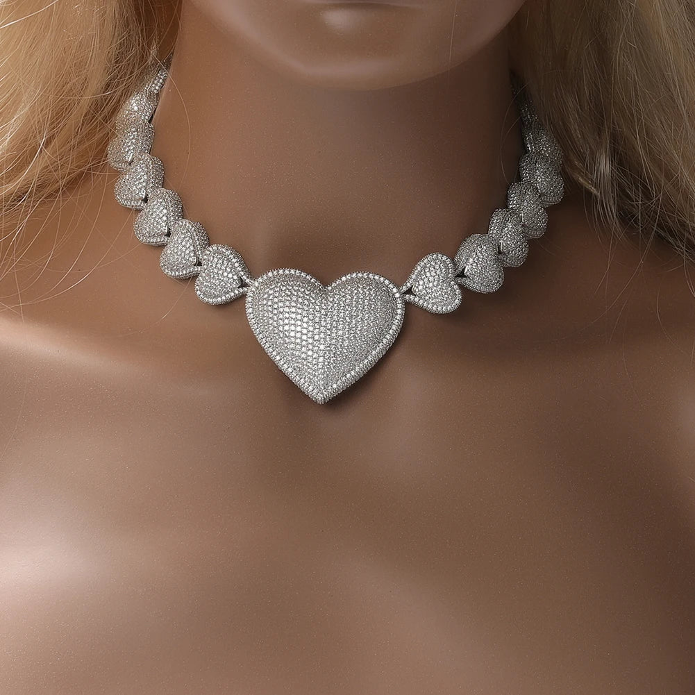 THE BLING KING Iced Out Big Heart Chain Collar Y2K 17mm Choker For Women Girl Micro Paved 5A Cubic Zircon Lovely Wedding Jewelry