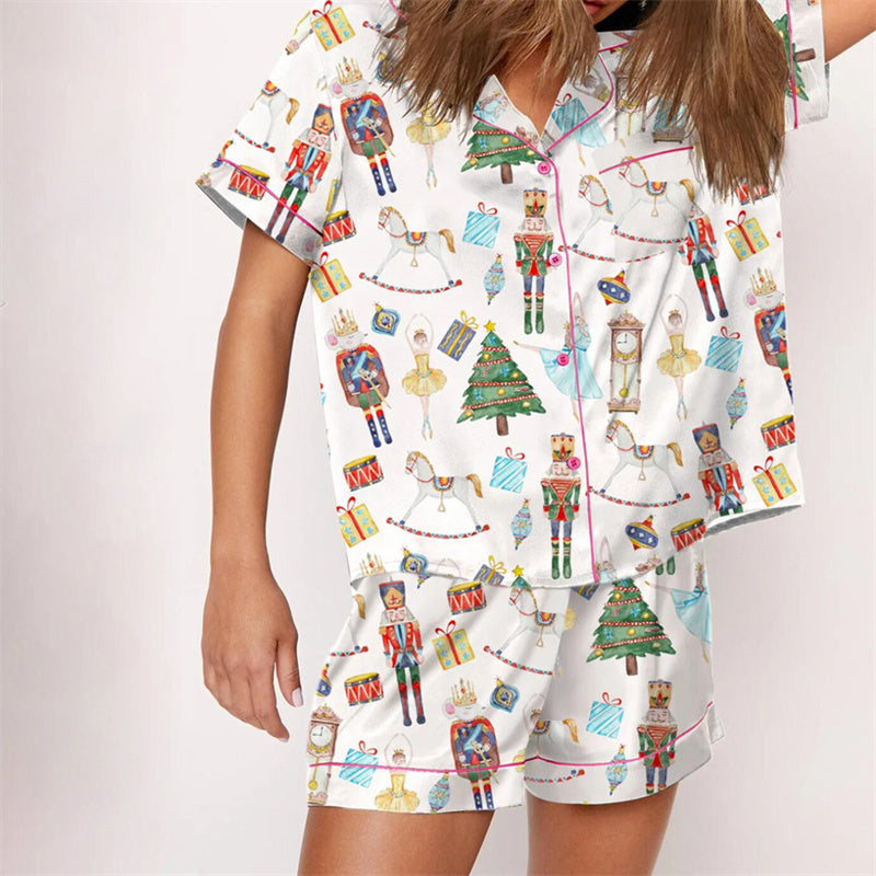 Nutcracker Pajamas Women Christmas Pajama Set Short Sleeve Tops+Elastic Waist Shorts Santa Claus Avatar Print Sleepwear Outfits