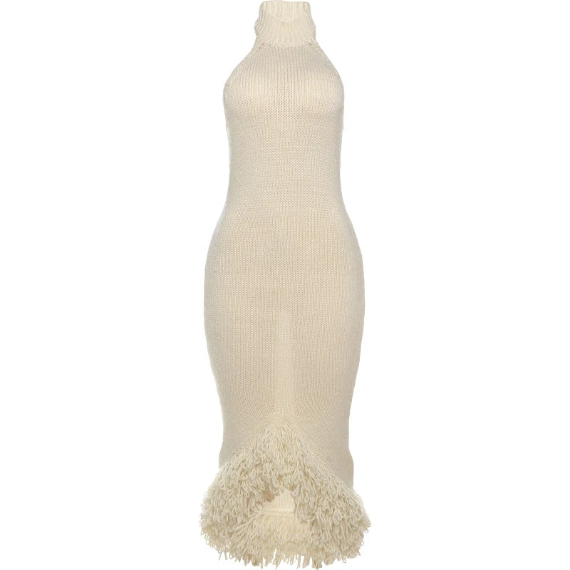 Weird Puss Knit Backless Dress Women Sleeveless Halter Summer Sexy Tassel Irregular Hem Clubwear Stretch Hipster Party Vestidos