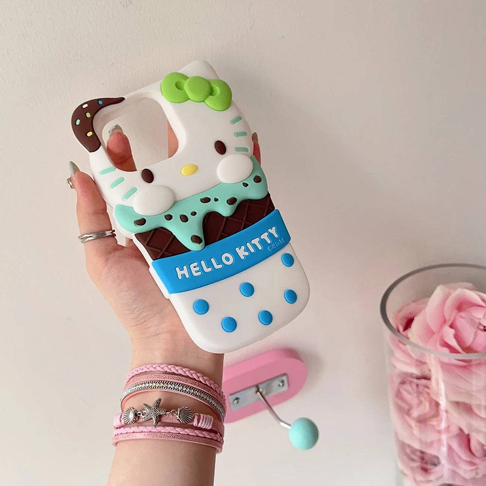 Cute 3D Ice Cream Sanrios Hello Kitty Phone Case for IPhone 15 14 13 12 11 Pro Max Drop-resistant Soft Silicone Back Cover Gift
