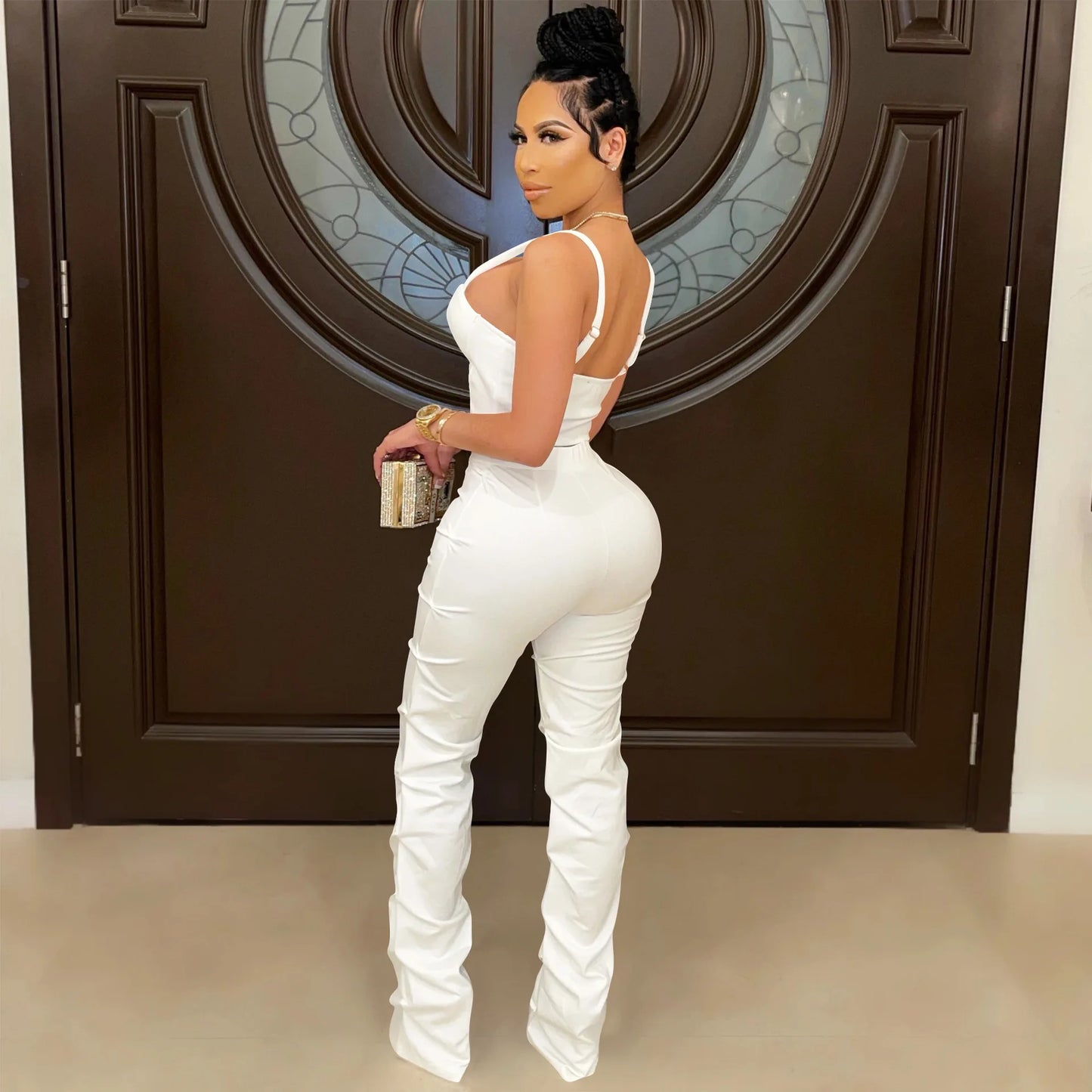 Sexy Solid Color Women's 2-Piece Slim Fit Open Back Zipper Tank Top+High Waist Trouser Set Amazing Bust Wrapping Street Clothing