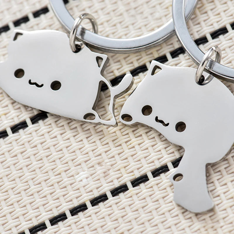 Cute Cat Keychain Stainless Steel Key ring Couple Lover Animal Matching Keyring Pendants Valentine's Day Gift