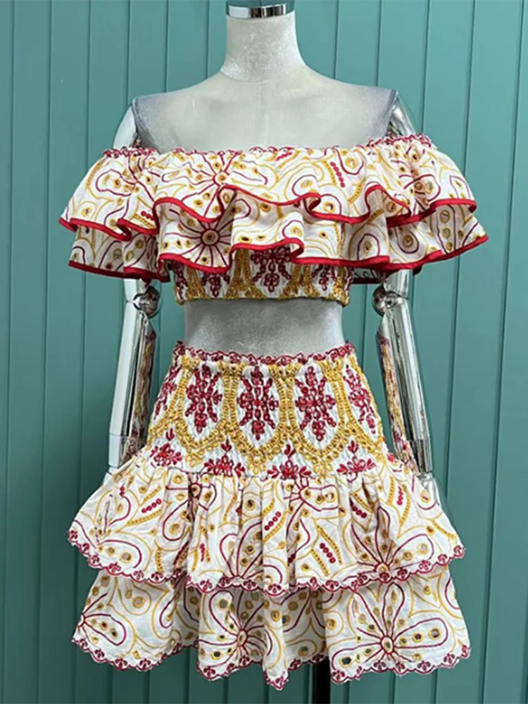 TWOTWINSTYLE Hit Color Print Casual Two Piece Sets For Women Slash Neck Short Sleeve Top High Waist Skirt Summer Set Female New