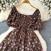 2024 New Summer Flower Print Long Dress Women Vintage Square Neck Ruched Chest Sash Bandage Sundress Party Vestidos