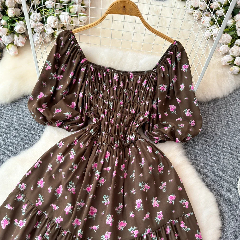 2024 New Summer Flower Print Long Dress Women Vintage Square Neck Ruched Chest Sash Bandage Sundress Party Vestidos