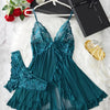Contrast Lace Ruffle Trim Lingerie Set, Deep V Slip Dress & Thong, Women's Sexy Lingerie & Underwear