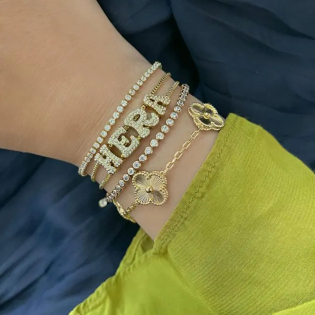 DOREMI Fat Bubble Slide Initial Letters Bracelet Full Crystal Letters Women Name DIY Sliding Slider Letter Bracelets