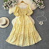 2024 New Summer Flower Print Long Dress Women Vintage Square Neck Ruched Chest Sash Bandage Sundress Party Vestidos