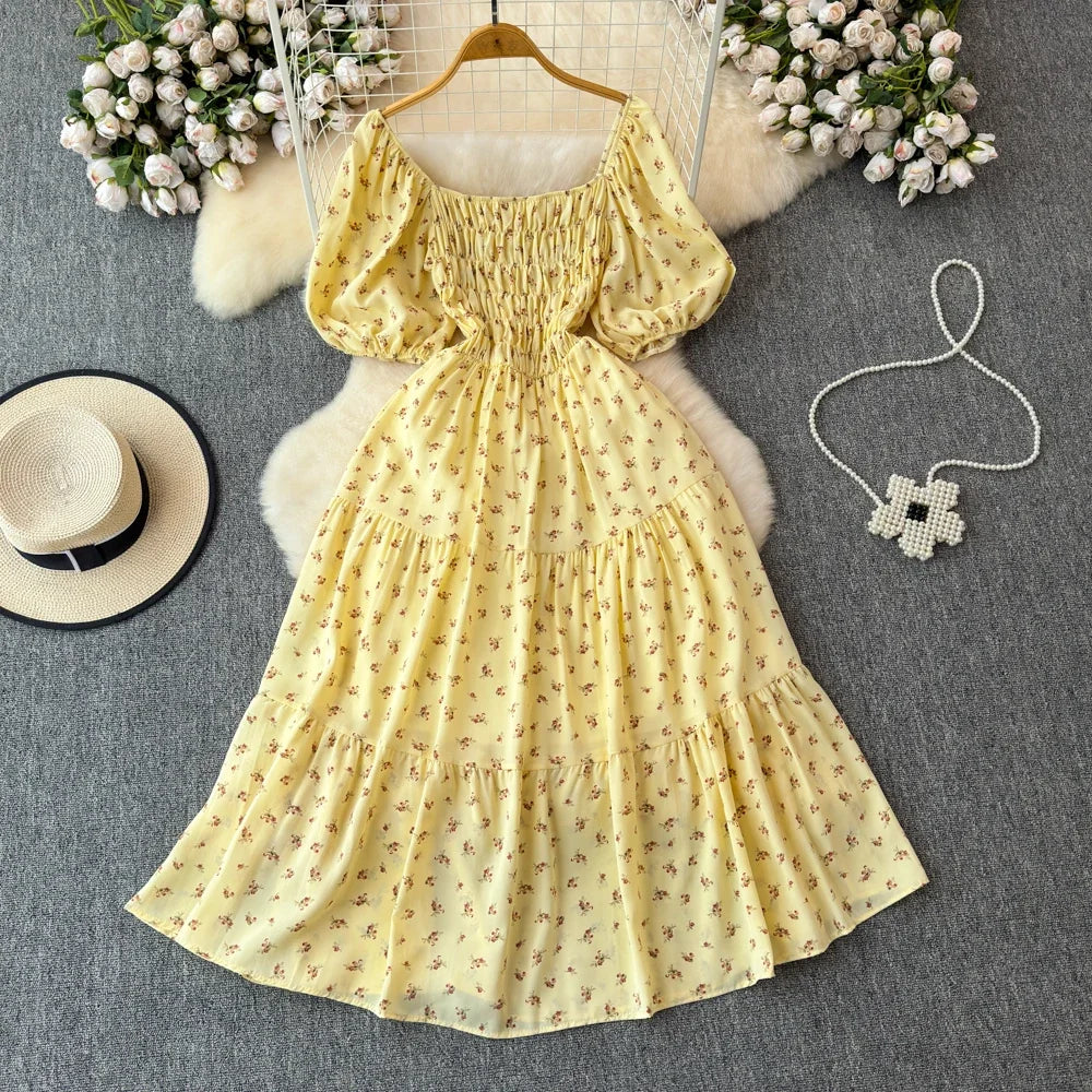 2024 New Summer Flower Print Long Dress Women Vintage Square Neck Ruched Chest Sash Bandage Sundress Party Vestidos