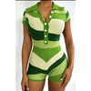 FAGADOER Fashion Knitting Color Stitching Bodycon Rompers Women V Neck Button Short Sleeve One Pieces Jumpsuits Female Overalls