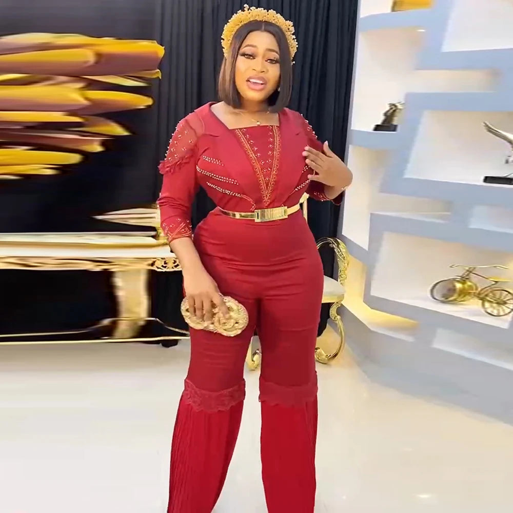 MD New African Women Long Jumpsuit 2023 Spring Summer Wedding Party Rompers Pants Set Dubai Turkey Ladies Dashiki Ankara Outfit