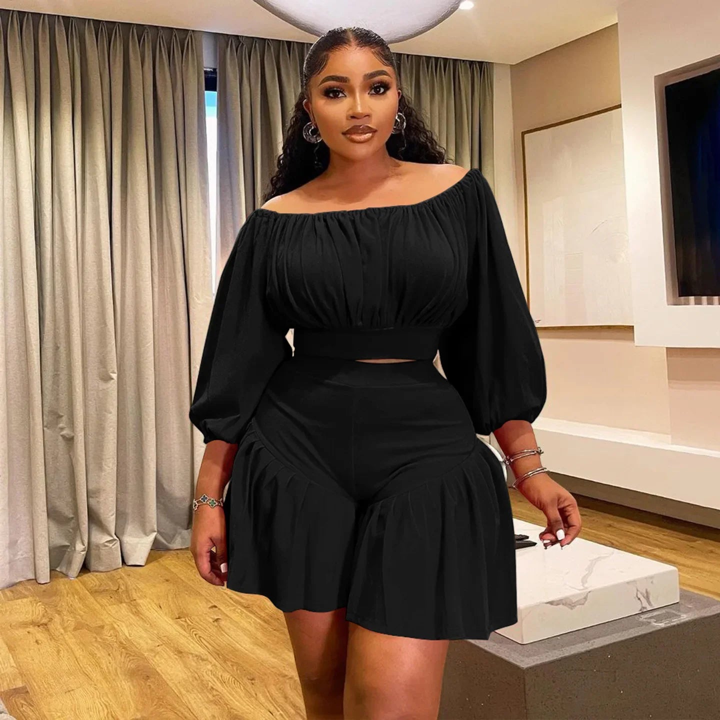 Customized Plus Size Women's Set Long Sleeve Slash Neck T-Shirt and Shorts 2025 Summer Ruched Two 2 Piece Set Outfits Tracksuit