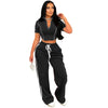 Fashion Casual Short Hoodie 2 Piece Women Summer Zipper Top Short Sleeved Sports T Shirt Stripe Splicing Long Pants Female Suit