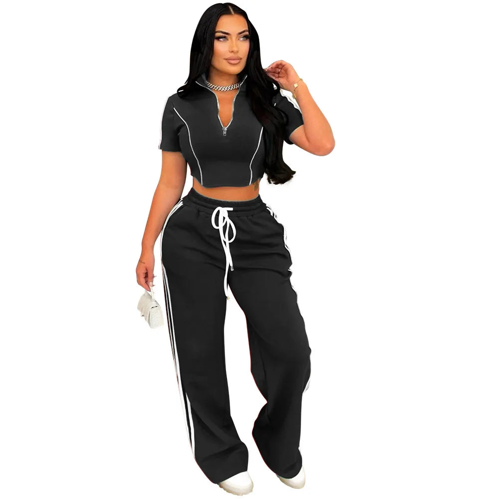 Fashion Casual Short Hoodie 2 Piece Women Summer Zipper Top Short Sleeved Sports T Shirt Stripe Splicing Long Pants Female Suit