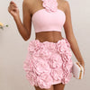 New sexy pink neck hanging backless dress, women's temperament short skirt decoration flower party dress set