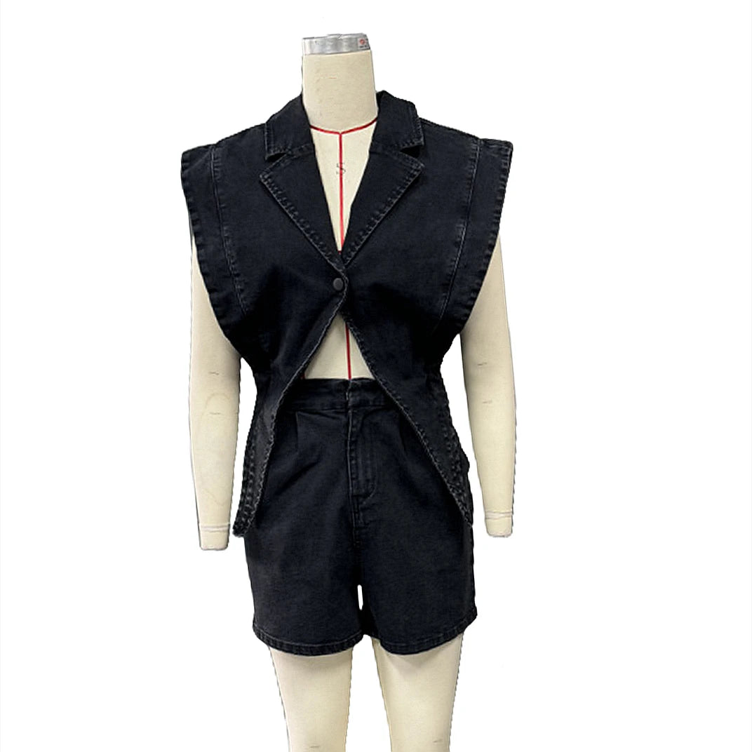 HLJ High-quality Fashion Denim Rompers Women Lapel Sleeveless Hollow Button One Piece Jumpsuits Female Streetwear Overalls New
