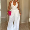Znaiml Elegant Evening Gowns Biarthday Party One Pieces Wide Leg Pants Outfit for Women White Halter Backless Jumpsuit Rompers