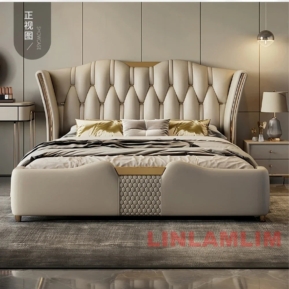 MINGDIBAO Luxury Modern Upholstered Bed Frame with Gold Accents, Genuine Leather Designer Bed, Queen/King Size Bedroom Furniture
