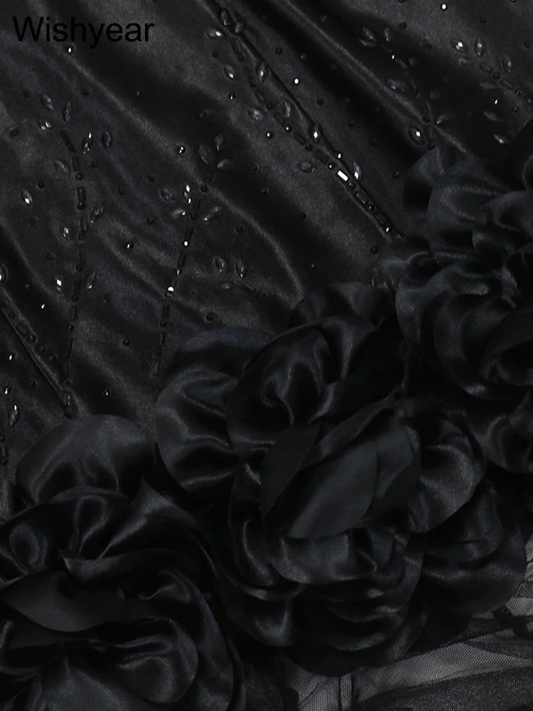New Black Mesh See Though Flower Ruched Luxury Rhinestone Wedding Evening Mermaid Long Dress Women Strap Cocktail Birthday Robe
