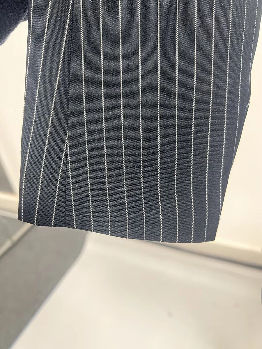 TWOTWINSTYLE Striped Temperament Blazers For Women Notched Collar Long Sleeve Tunic Patchwork Double Breasted Coats Female New
