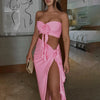 Hugcitar Fashion 2 Pcs Sets Strapless Tie Flower Draped Sexy Crop Tank Top Slit Tassel Maxi Skirt Women Outfit Festival Party