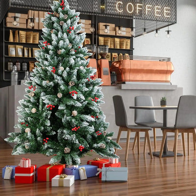 6/7FT Realistic Green Artificial Christmas Tree,Unlit,Decorated with Natural Pinecones & Holly Berries, Quick Setup,Metal Stand